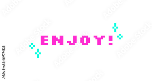 Enjoy pink pixel art social media button word. Inspirational expression. Have fun, joy. Motivational mindful saying. Retro video game 8 bit typography with kawaii sparkles. Silkscreen font used