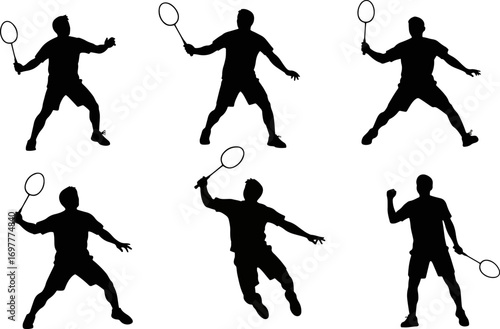 Silhouette of badminton player hitting shuttlecock on white backdrop showcasing athleticism and sport activity with dynamic poses.