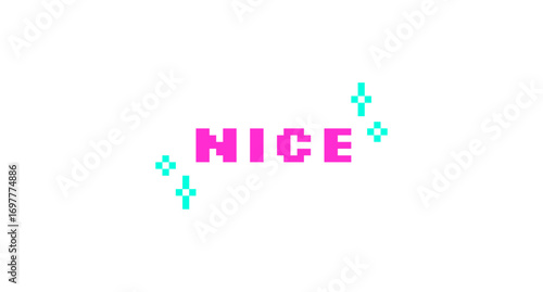 Nice pink pixel art social media slang word. Positive speak. Pleasant, fine expression. Friendly, kind, great compliment. Retro video game 8 bit typography with kawaii sparkles. Silkscreen font used