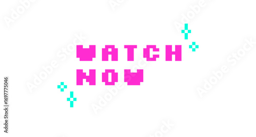 Watch now pink pixel art social media button word. Play next video. Start movie, vlog advertising. Interactive action. Retro video game 8 bit typography with kawaii sparkles. Silkscreen font used
