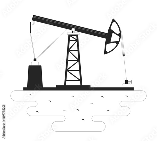 Onshore rig pumpjack extracting crude oil outline illustration. Land petroleum pump jack, geology. Energy sector. Oilfield machinery 2D line scene isolated on white. Monochrome vector ink linear image
