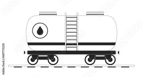 Oil tanker railcar outline illustration. Transporting crude oil, petroleum by train railroad. Railway car. Fuel rail transport 2D line scene isolated on white. Monochrome vector ink linear image