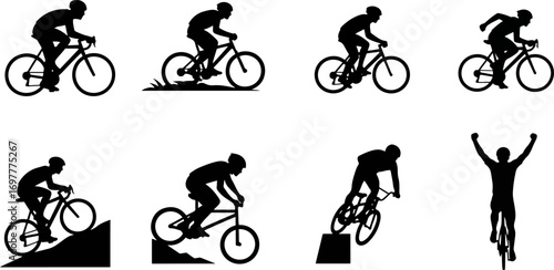 Silhouetted cyclists riding different types of bikes on various terrains, showcasing cycling disciplines and achievements with a sporty and active theme.