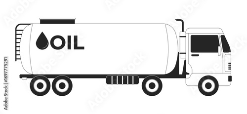 Oil tanker truck for fuel transportation outline illustration. Delivering petroleum by road logistics. Energy hauling distribution 2D line object isolated on white. Monochrome vector ink linear image