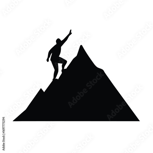 Silhouette of a determined mountain climber conquering a summit at dawn or dusk