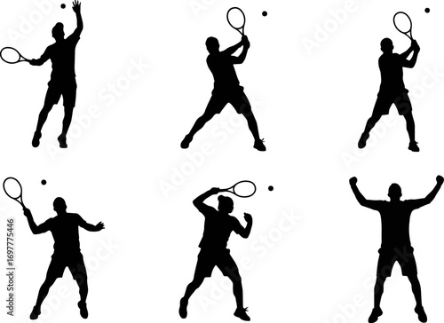 Tennis player silhouette performing various actions on court, showcasing athletic skill and competitive spirit in dynamic poses.