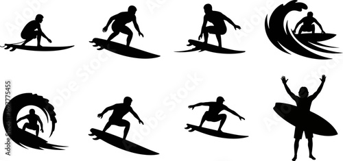 Surfers riding waves and enjoying the ocean in various poses, creating a dynamic and energetic scene, symbolizing freedom and adventure.