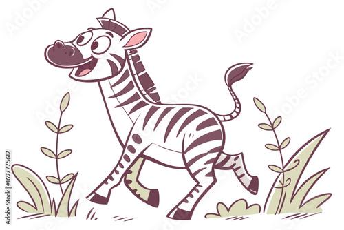 Cartoon Zebra Running on White Background with a Fun and Playful Design Style