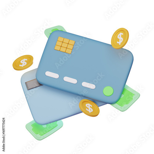 Credit Card with Money 3D Icon isolated on white background, 3D render