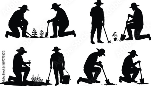 Silhouette set of gardener planting and digging with shovel, gardening tools, planting flowers and plants, outdoor work, farm labor.