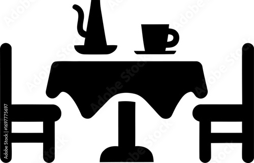 Simple table setting with two chairs and coffee pot icon