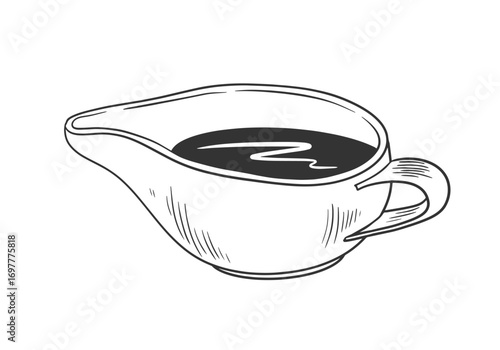 Gravy boat with turkey sauce or gravy in sketch style. Black and white engraved illustration