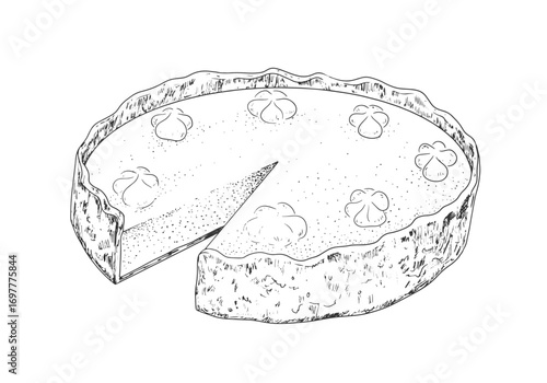 Sketch style pumpkin pie with whipped cream. Engraved illustration of a whole cheesecake with one slice cut off. Hand drawn black and white round pie. Thanksgiving dish
