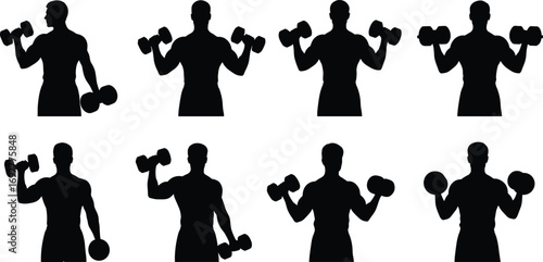 Silhouette Set of Men Lifting Dumbbells in Various Gym Workout and Fitness Poses for Strength Training, Health, and Exercise Design