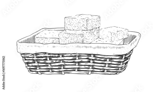 Thanksgiving buttermilk cornbread in straw basket. Engraved illustration of sweet biscuit pieces. Baked goods in a basket. Thanksgiving dish