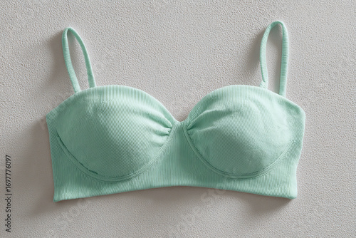 Mint green textured fabric bralette top with thin straps. Underwire cups. Fashionable, stylish and modern intimate apparel for everyday wear.
