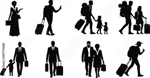 Silhouette travelers with luggage, families, business people, tourists walking, carrying suitcases, vector isolated travel characters on white background.