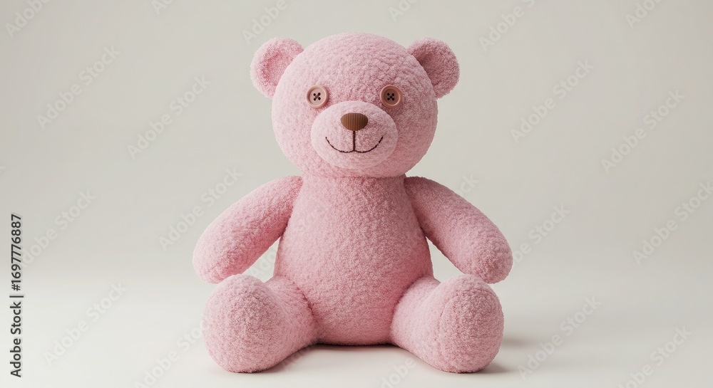 Fototapeta premium Pink teddy bear sitting upright against a neutral background. Perfect for children’s branding, lifestyle campaigns, gift packaging, and creative visuals symbolizing warmth, love, comfort, and nostalgi