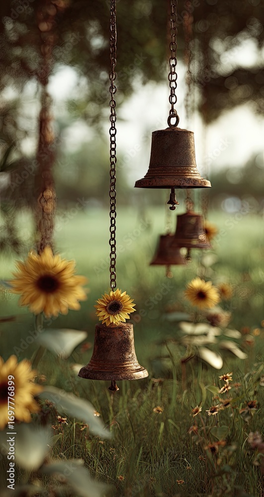 Obraz premium Rustic bells hanging garden sunflowers summer peace