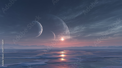 vast frozen alien world with endless reflective ice plains stretching across the horizon