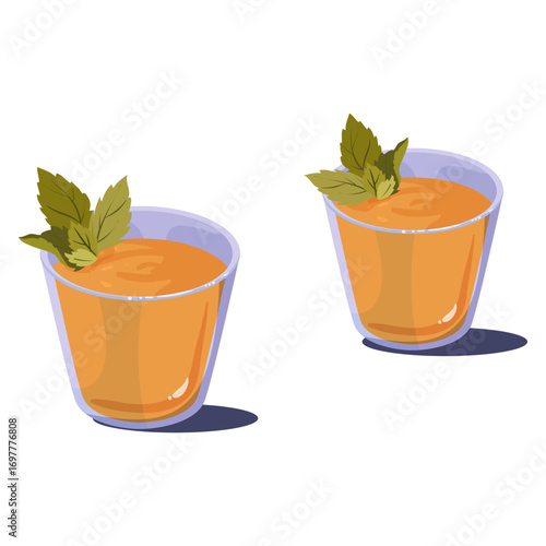 Vector art of herbal orange drink in transparent glasses, decorated with mint leaves