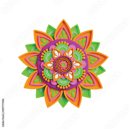 A beautiful symmetrical floral mandala created with layered papercraft in vibrant shades of green, orange, and purple, isolated on a white background