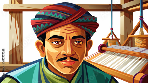 Close-up portrait of male weaver at a loom. Isolated white background emphasizes tradition, focus, and textile heritage.