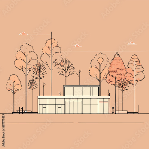 Architectural Drawings, Minimal style cad tree line drawing, Side view, set of section wetland forest outline for landscape design drawing. Vector illustration in seperate element