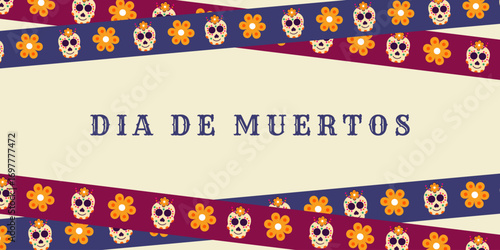 Day of the Dead with ribbons with skulls and flowers on a light background. The ribbons are crossed. Day of the Dead festival. A banner for advertising an online store or website