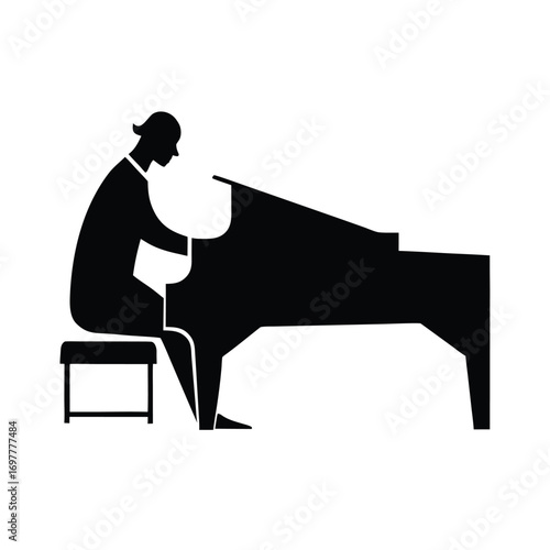 Elegant black silhouette of a pianist performing on a stage