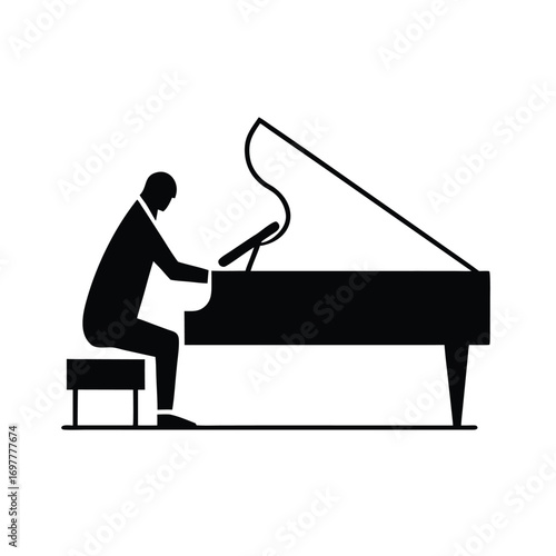 Black silhouette of a pianist performing on a stage with musical notes