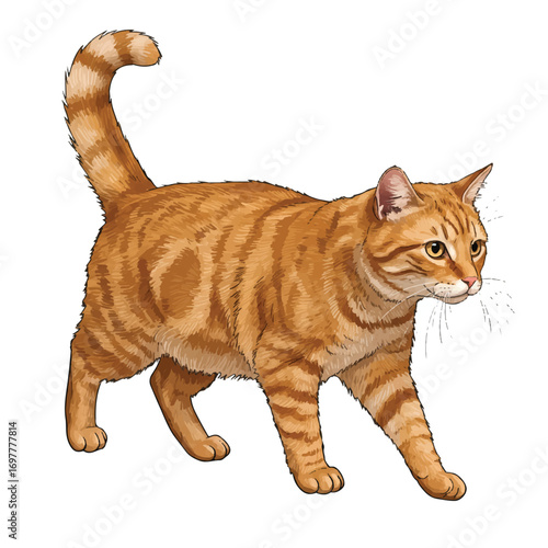 A realistic 2D vector illustration of a graceful domestic cat walking confidently with its tail up, portrayed in a clean, simple style, isolated on a pure white background.