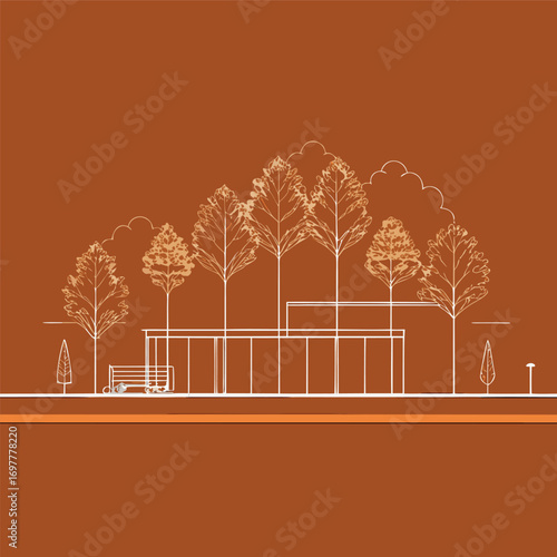 Architectural Drawings, Minimal style cad tree line drawing, Side view, set of section wetland forest outline for landscape design drawing. Vector illustration in seperate element