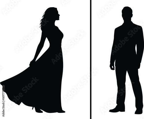 Silhouette Vector Illustration of Elegant Woman and Man Standing Separately – Fashion Couple Clipart for Design and Print Projects