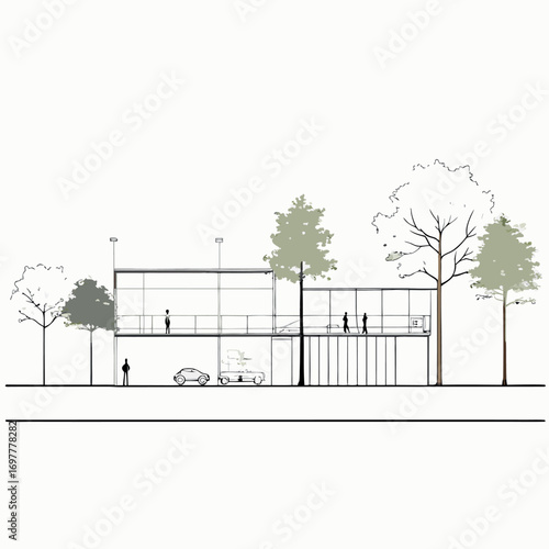 Architectural Drawings, Minimal style cad tree line drawing, Side view, set of section wetland forest outline for landscape design drawing. Vector illustration in seperate element