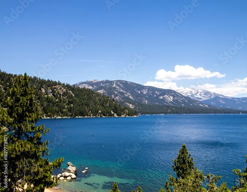 Lake vista with mountains and clear sky