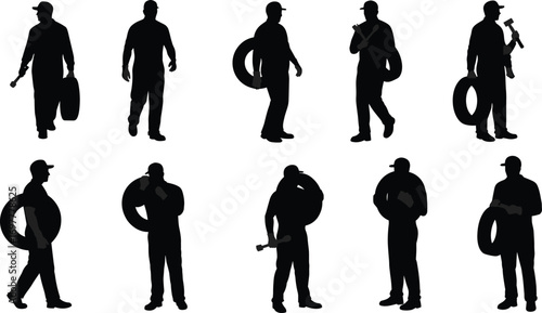 Silhouette Vector Set of Auto Mechanics Holding Tires and Tools – Car Repair Workers in Garage, Service, and Maintenance Poses