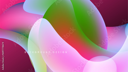 Abstract colorful shapes overlap, creating vibrant fluid design. Dark background emphasizes bright hues, smooth gradients present.