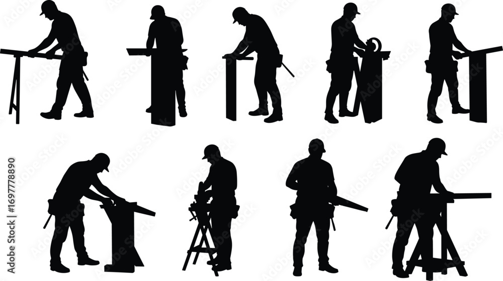 Obraz premium Silhouette vector set of carpenter working with wood, sawing, measuring, woodworking, construction, craftsman, tool belt, workshop, manual labor, and building.