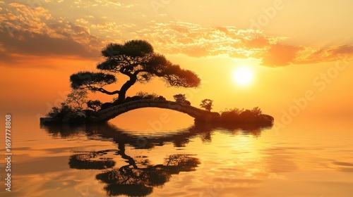 Serene sunset over a small island with a tree and bridge.