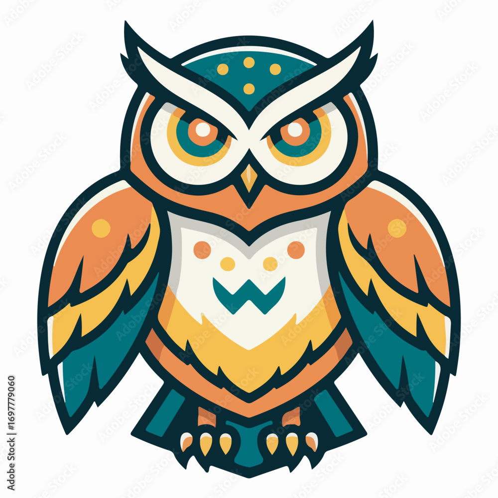 Fototapeta premium Owl mascot vector illustration, bold and colorful design suitable for logo or emblem
