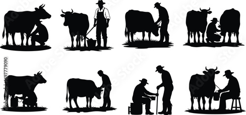 Silhouette Vector Set of Farmers Milking Cows by Hand in Rural Farm Scenes – Agriculture, Dairy, Farming, and Livestock Concepts