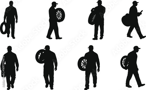 Silhouette Vector Set of Mechanics Carrying Car Tires – Automotive Workers with Wheels, Maintenance and Repair Concepts for Industry Graphics