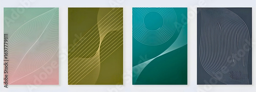 Set of four modern abstract backgrounds with smooth gradients and intricate line patterns, perfect for versatile digital design, web, and print media projects