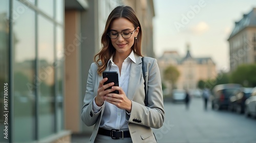 Smiling Businesswoman in Glasses Using Smartphone on City Street