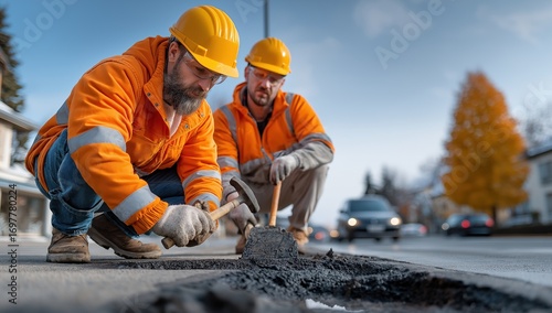 Two construction workers in safety gear kneel by the roadside, focused on repairing a patch of asphalt as cars pass by on a clear day in the city
