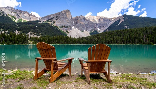 Lakeside Adirondack chairs facing mountains