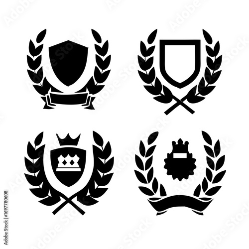 Vintage educational coat of arms set with university college and academy elements isolated vector illustration. Laurel wreaths, shields, ribbons illustration for awards,badges, and branding designs	