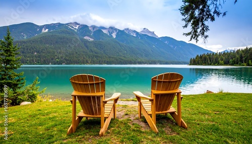 Lakeside Adirondack chairs facing a serene mountain lake