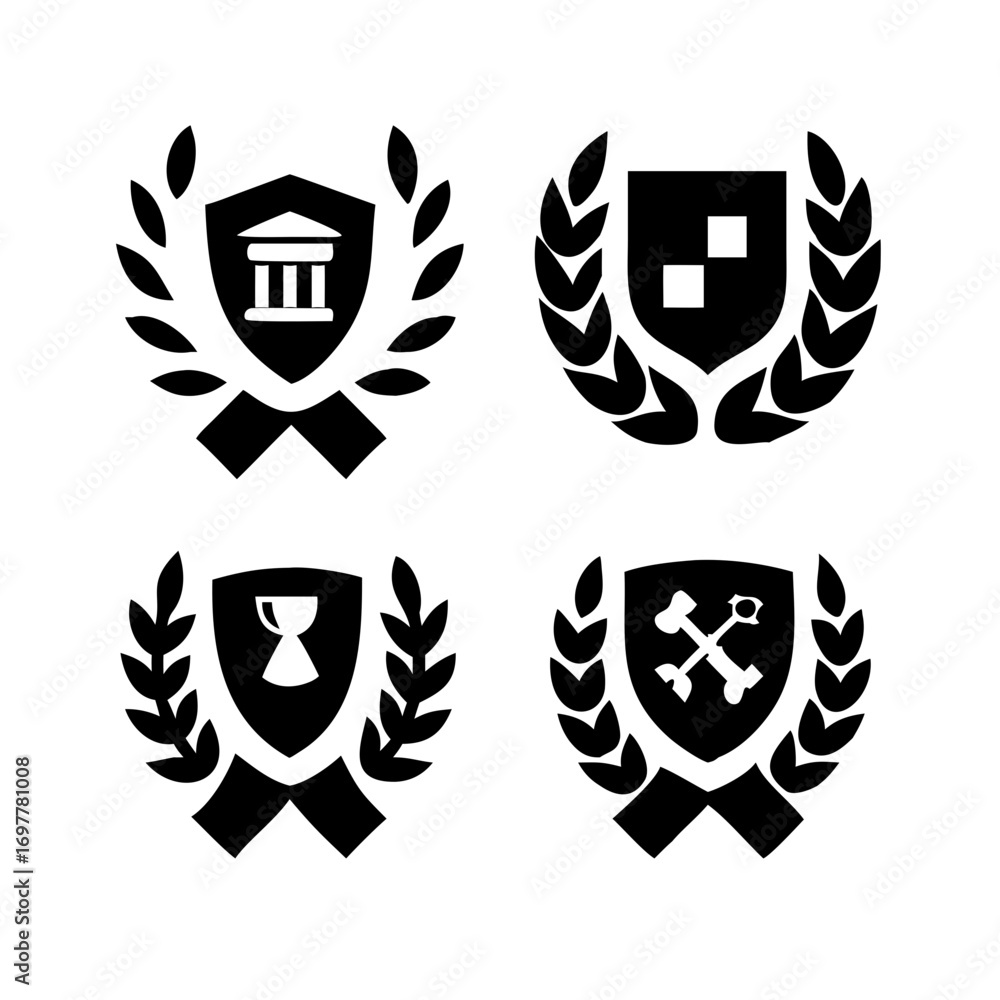 Fototapeta premium Vintage educational coat of arms set with university college and academy elements isolated vector illustration. Laurel wreaths, shields, ribbons illustration for awards,badges, and branding designs
